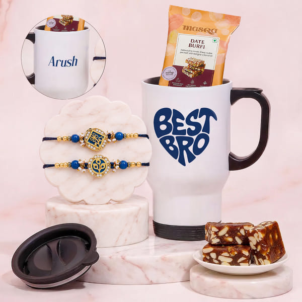 Personalized Blue Floral Rakhi and Travel Mug Rakhi Gift
