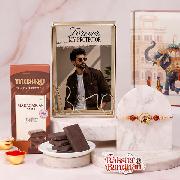 Personalized Bro Frame and Om Rudraksha Rakhi Hamper