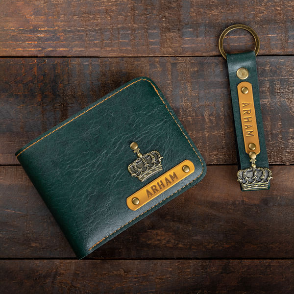 Personalized Classic PU Leather Wallet And Keychain Combo - Forest Green