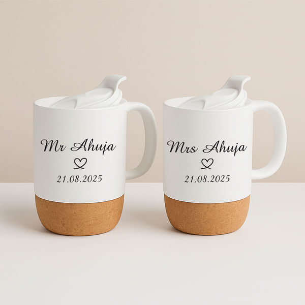 Personalized Cork Base Ceramic Mug For Couples - Set Of 2