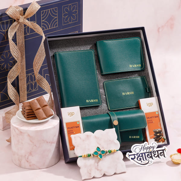 Personalized Emerald Rakhi Gift Set