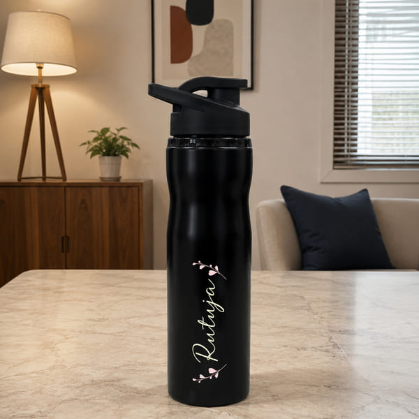 Personalized Floral Black Stainless Steel Bottle