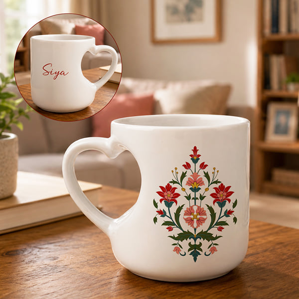 Personalized Floral Heart Handle Mug