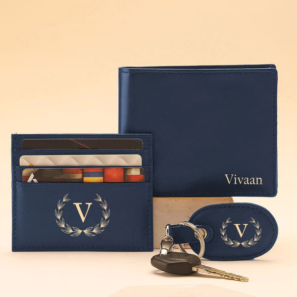 Personalized Genuine Leather Wallet Combo For Men - Blue