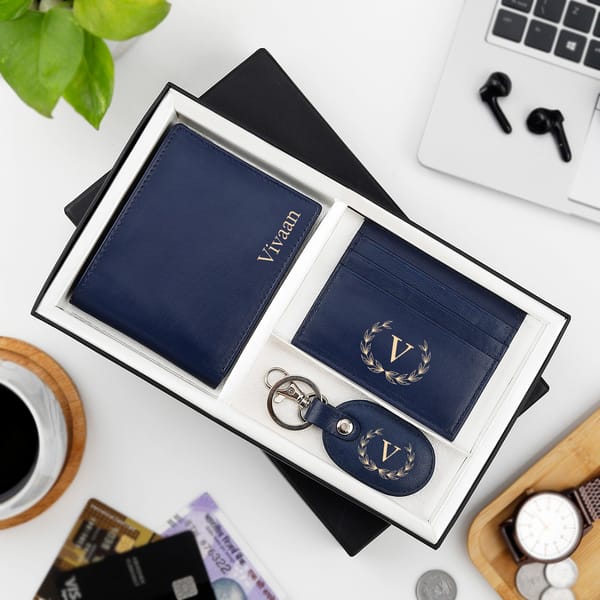 Personalized Genuine Leather Wallet Combo For Men - Blue