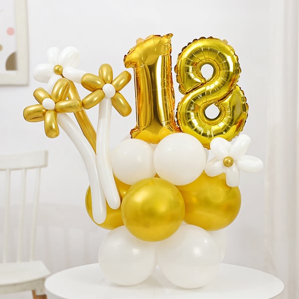 Personalized Golden & White Birthday Balloon Bouquet