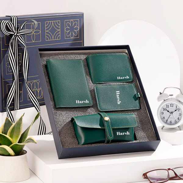 Personalized Green Leather Travel Accessory Gift Set for Dad