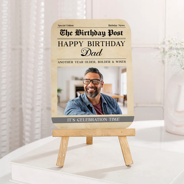 Personalized Happy Birthday Dad Photo Frame | Same Day Delivery | Newspaper Style Keepsake Plaque wi