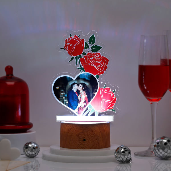 Personalized Heart And Roses Valentine's Day LED Lamp Brown Base