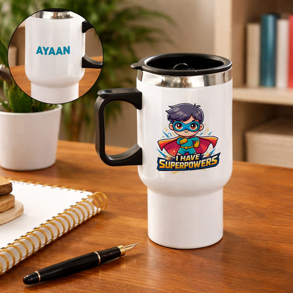 Personalized I Have Superpowers Kids Travel Mug