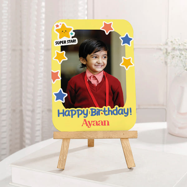 Personalized Kids Birthday Photo Frame | Same Day Delivery | Yellow Star Theme Plaque with Wooden Ea