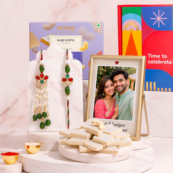 Personalized Kundan Bhaiya Bhabhi Rakhi Set with Frame