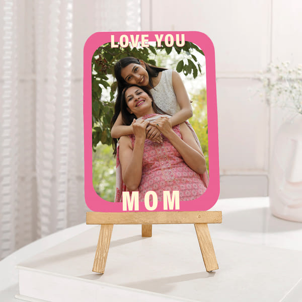 Personalized Love You Mom Photo Frame | Same Day Delivery | Custom Pink Tabletop Plaque with Wooden 