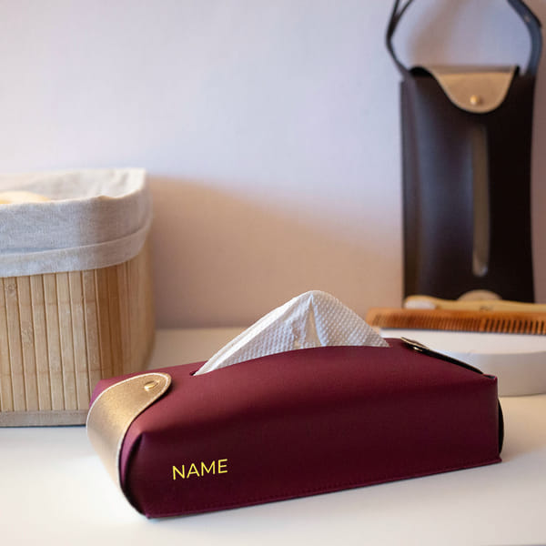 Personalized Maroon Vegan Leather Tissue Box