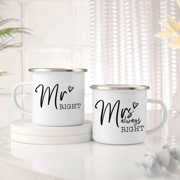 Personalized Mr Right And Mrs Always Right Enamel Coffee Mug - Set Of 2