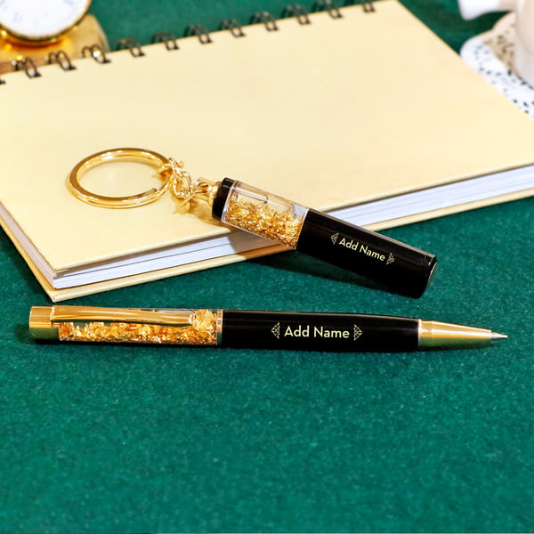 Personalized Pen and Keychain Set in Black and Gold
