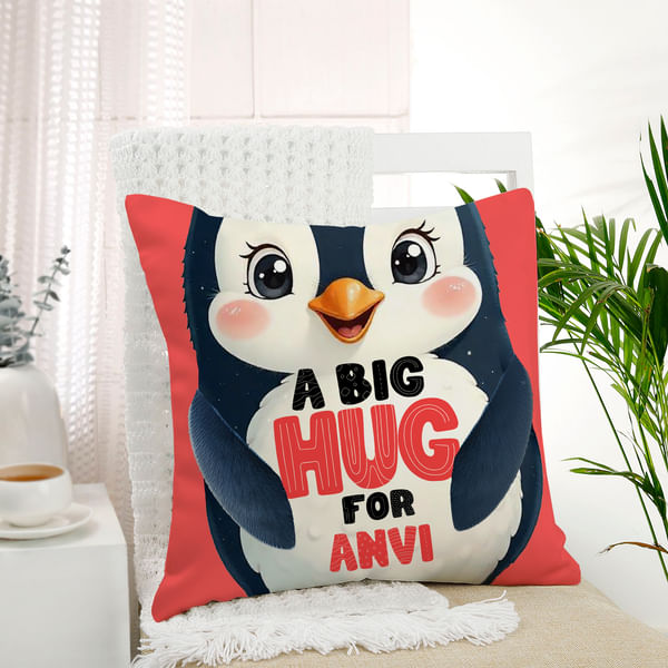 Personalized Penguin Hugs Valentine Cushion