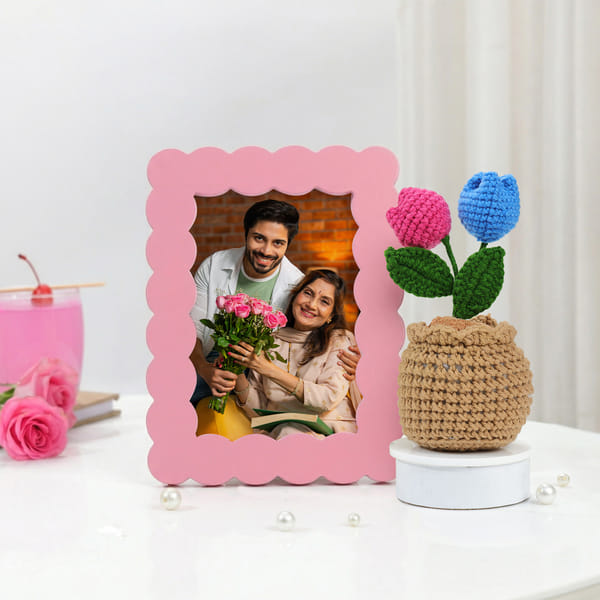 Personalized Pink Photo Frame with Crochet Flower