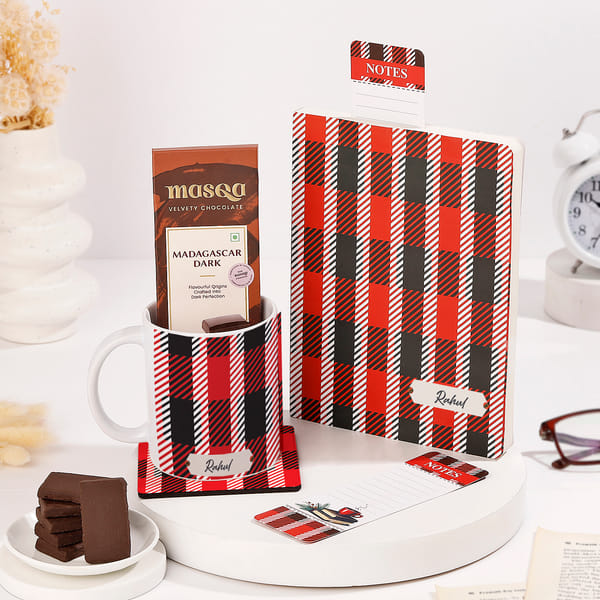 Personalized Red Plaid Desk Essentials Hamper