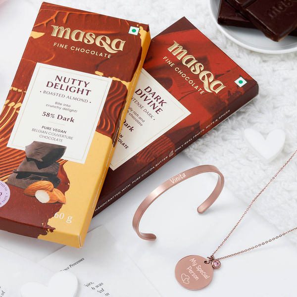 Personalized Rose Gold Pendant And Cuff Bracelet With Masqa Chocolates
