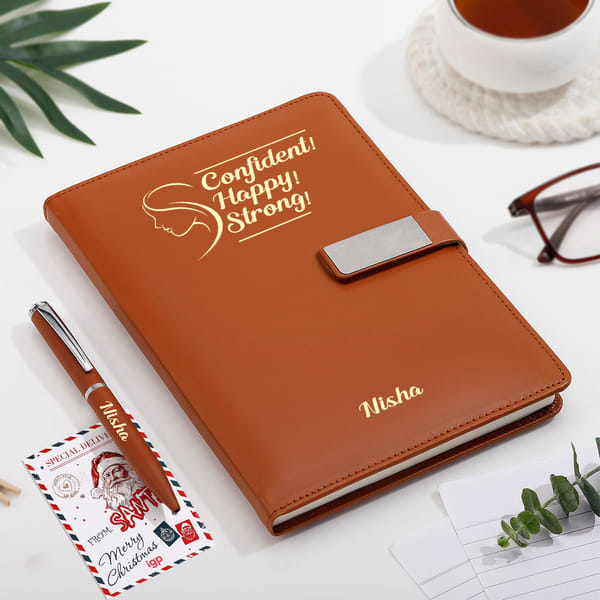 Personalized Secret Santa Brown Diary And Pen Combo For Her