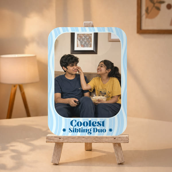 Personalized Sibling Duo Frame with Wooden Stand for Rakhi