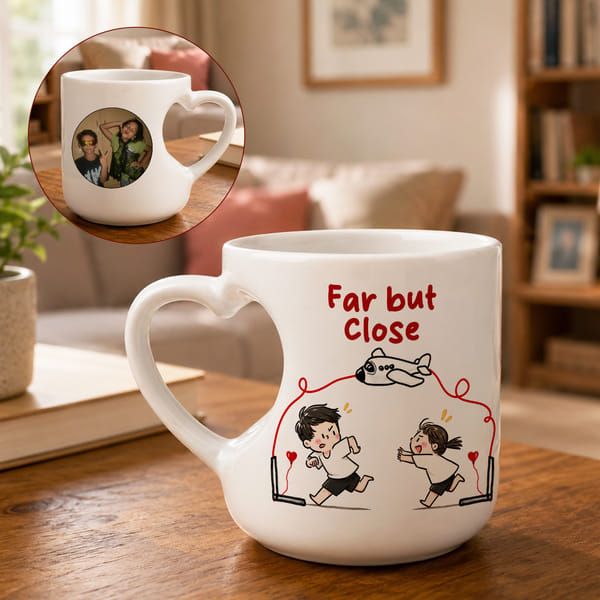 Personalized Sibling Far But Close Heart Mug