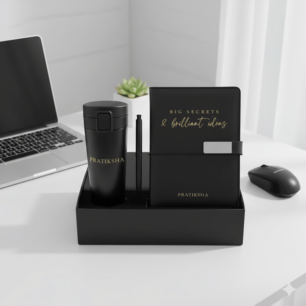 Personalized Sleek Black Bottle & Diary Gift Set