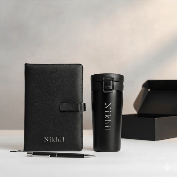 Personalized Sleek Black Diary & Bottle Gift Set