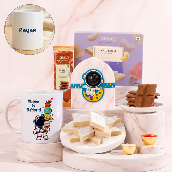 Personalized Space Explorer Rakhi and Mug Gift Hamper