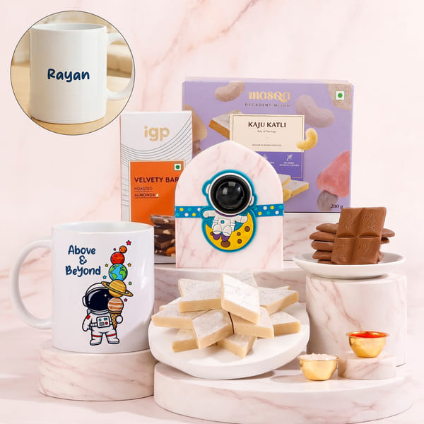 Personalized Space Explorer Rakhi and Mug Gift Hamper