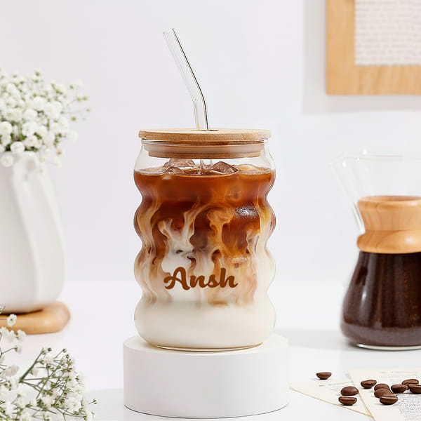 Personalized Spiral Glass Tumbler With Bamboo Lid And Straw