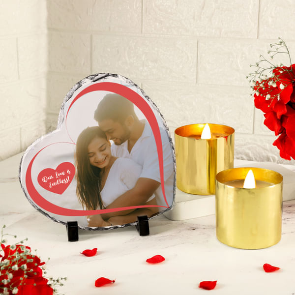 Personalized Stone Heart And Metal Candles Valentine's Day Combo