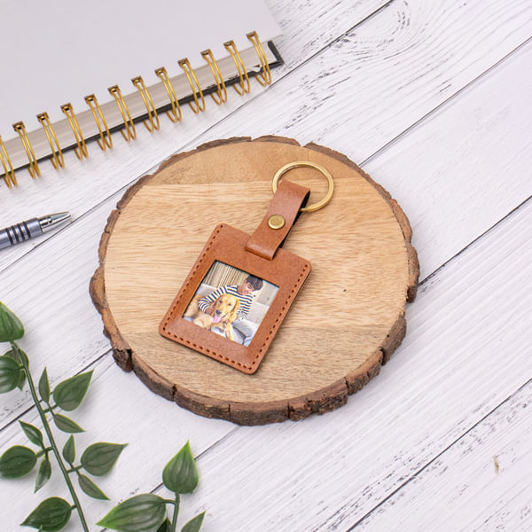 Personalized Tan Square Photo Keychain