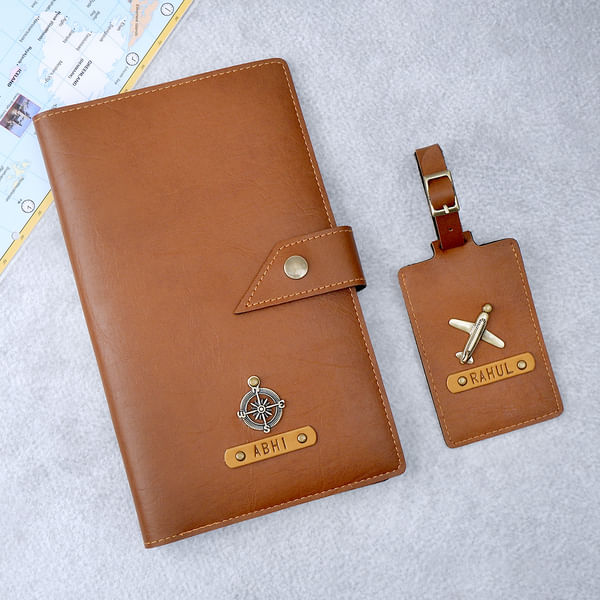 Personalized Tan Travel Wallet And Luggage Tag Combo