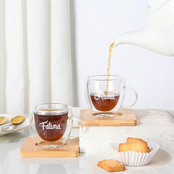 Personalized Thermal Espresso Cups With Bamboo Coasters - Set Of 2