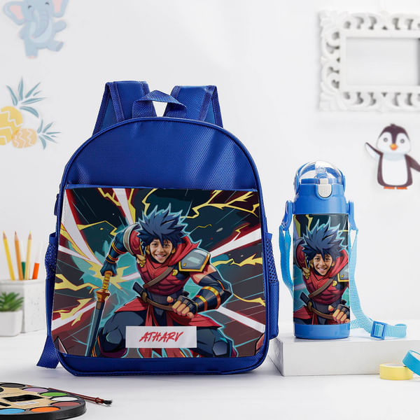 Personalized Warrior Caricature School Bag And Water Bottle Combo- Blue