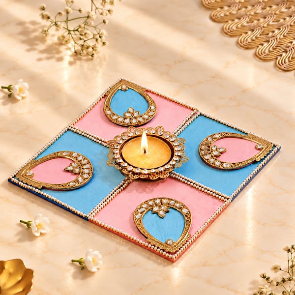 Pink & Blue Rangoli with Tea Light Candle