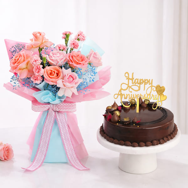 Pink Bouquet and Chocolate Nior Gateau Cake Anniversary Combo