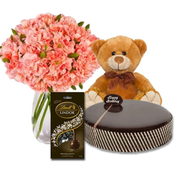 Pink Carnations Bouquet with Chocolate Strawberry Cake & Teddy Bear