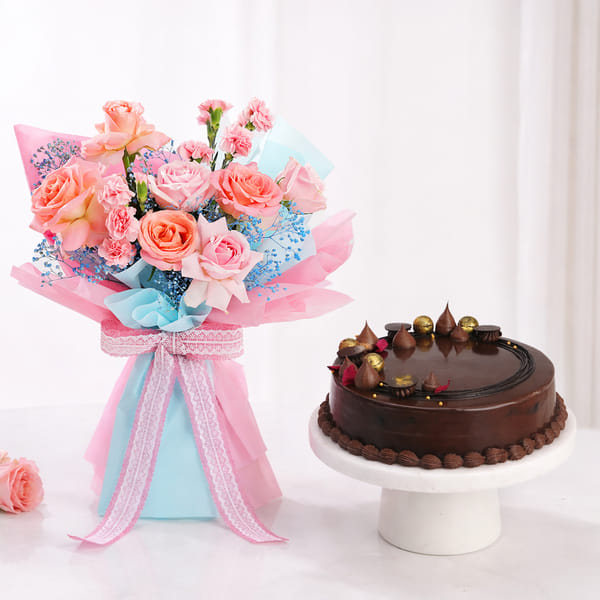 Pink Floral Bouquet with Chocolate Noir GateauCake