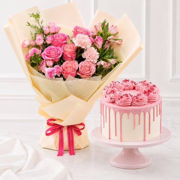Pink Rose Bouquet and Cake Combo
