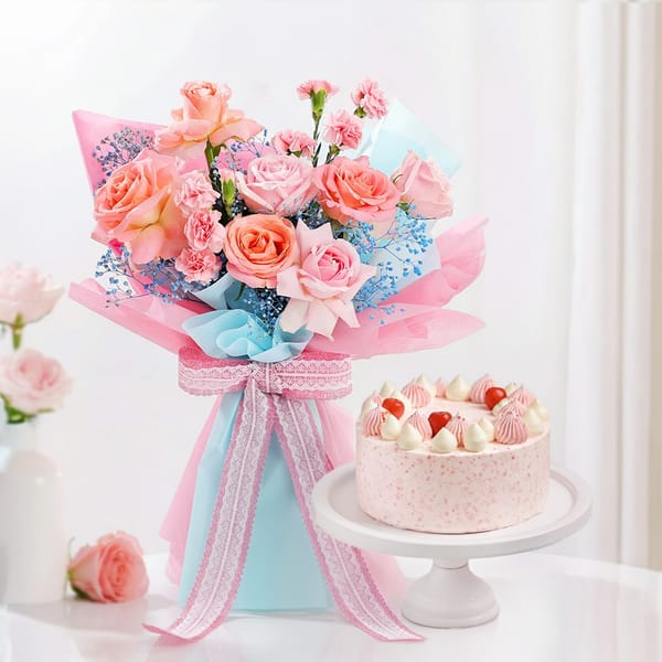 Pink Rose Bouquet & Strawberry Cake Gift Combo