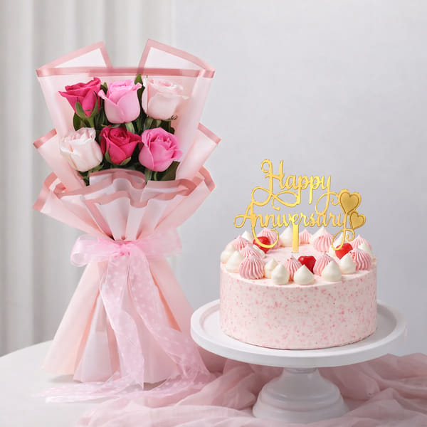 Pink Roses Bouquet and Pink Delight Anniversary Cake