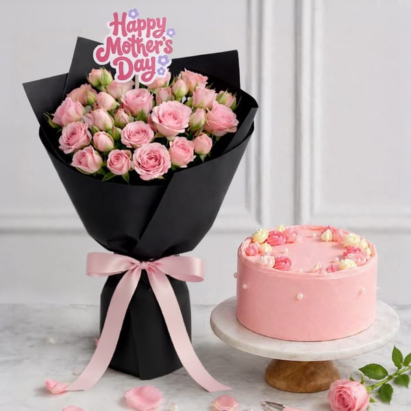 Pink Roses Bouquet & Pineapple Cake Combo for Mom