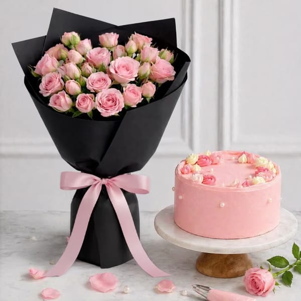 Pink Serenity Rose Bouquet & Cake Combo