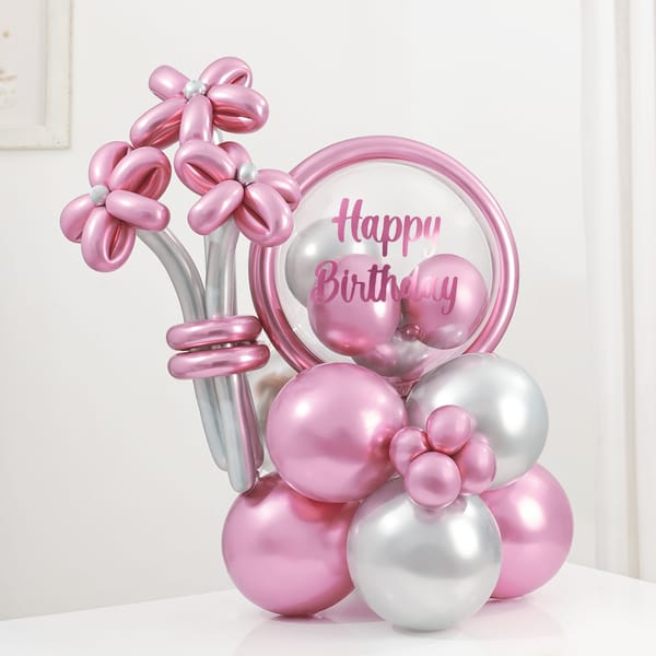 Pink & Silver Birthday Balloon Arrangement