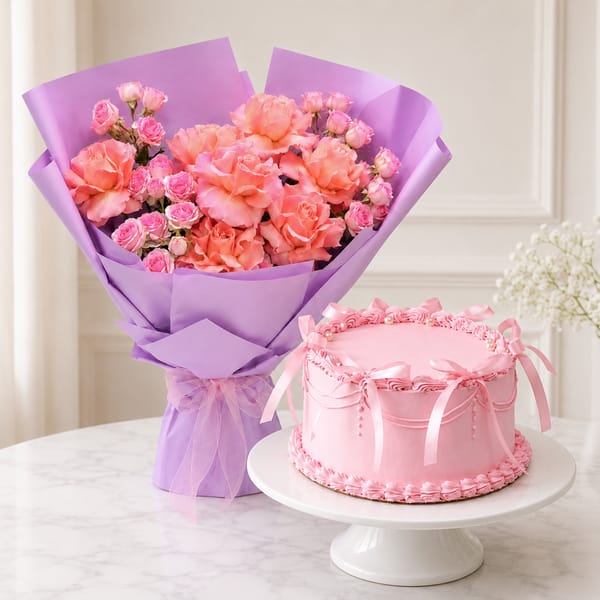 Pink Vintage Cake and Rose Bouquet Combo