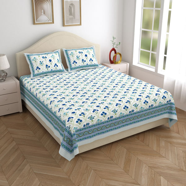 Placid Blue Double Bedsheet And Pillow Cover Set