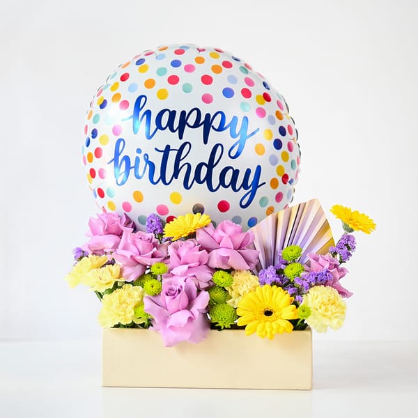 Polka Dot Birthday Balloon and Flower Arrangement